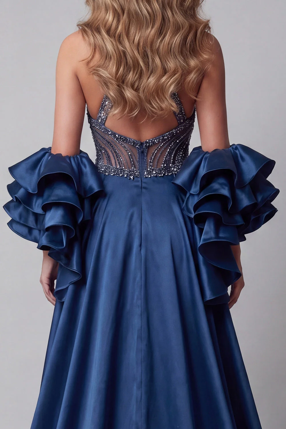 Sparkly Navy Halter Mermaid Long Evening Dress with Sequins - Image 4