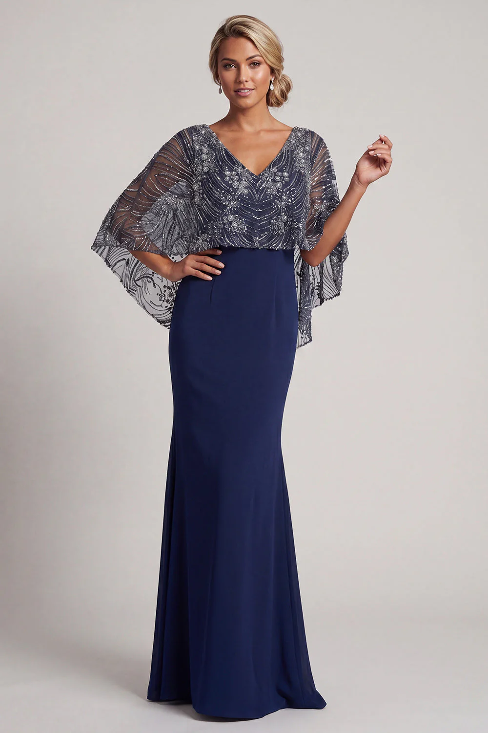 Sparkly Navy Sequins Mermaid V-Neck Mother Of the Bride Dress with Cape - Image 3