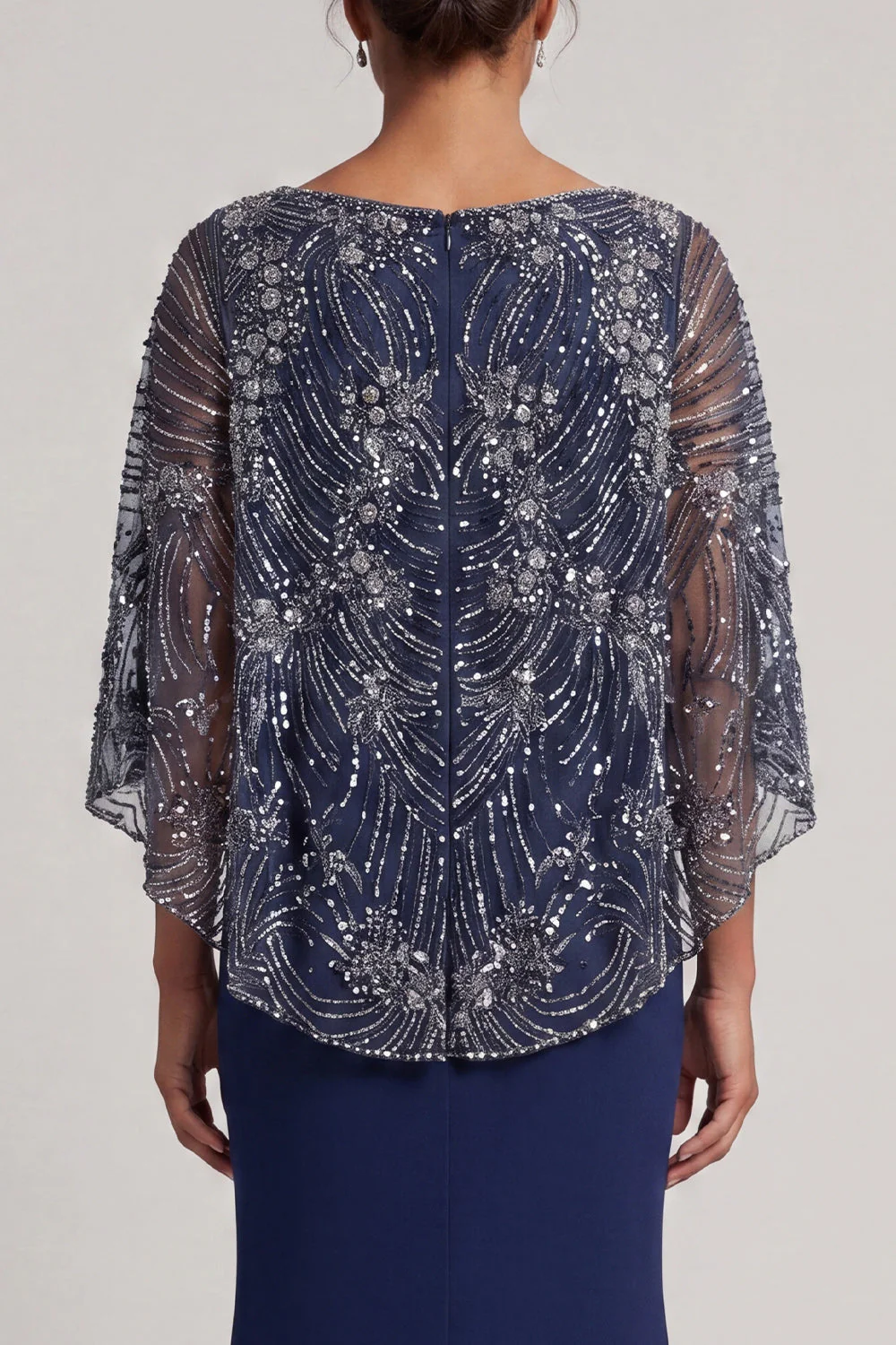 Sparkly Navy Sequins Mermaid V-Neck Mother Of the Bride Dress with Cape - Image 5