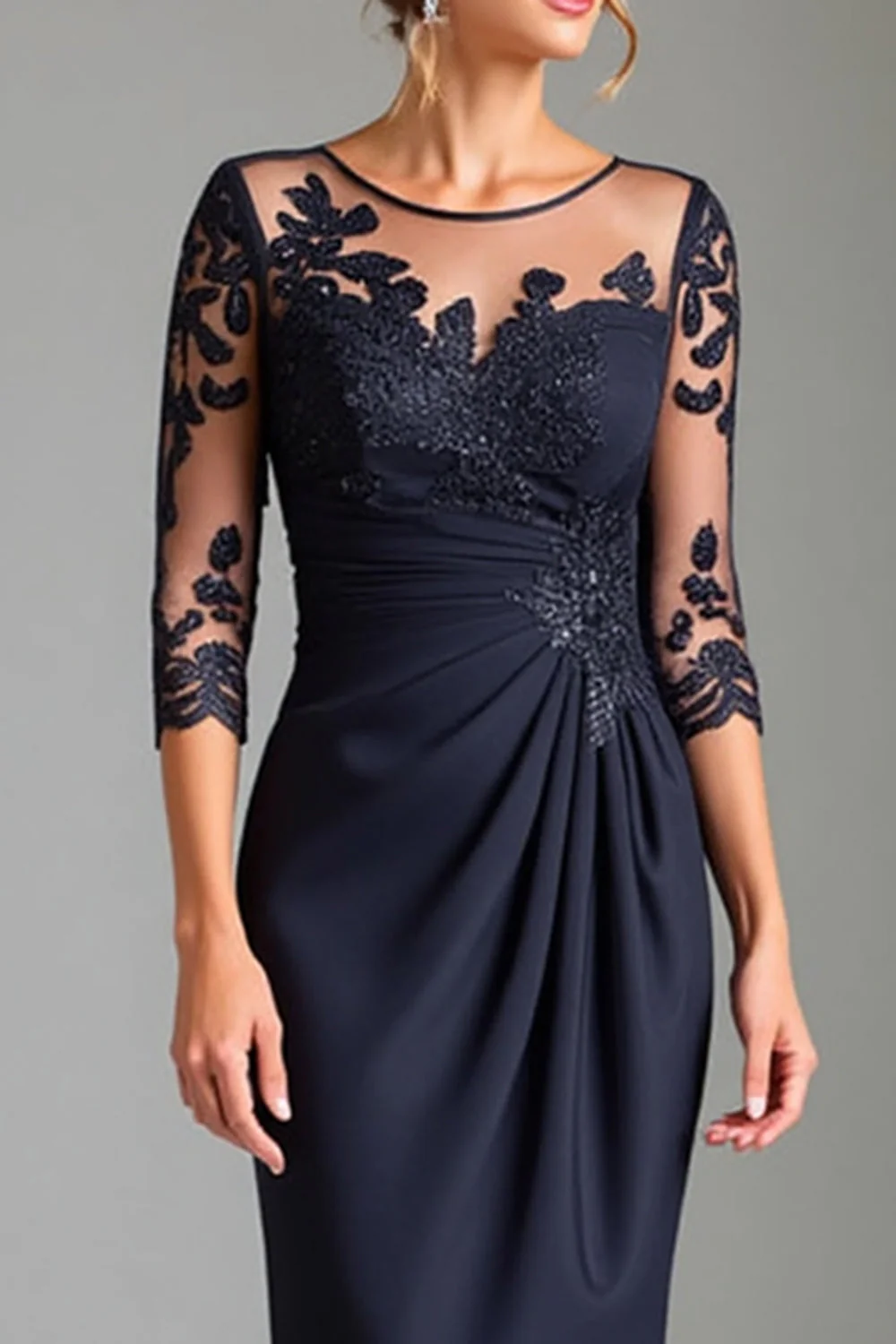 Sparkly Navy Sheath Satin Tea Length Mother of the Bride Dress with Appliques - Image 2