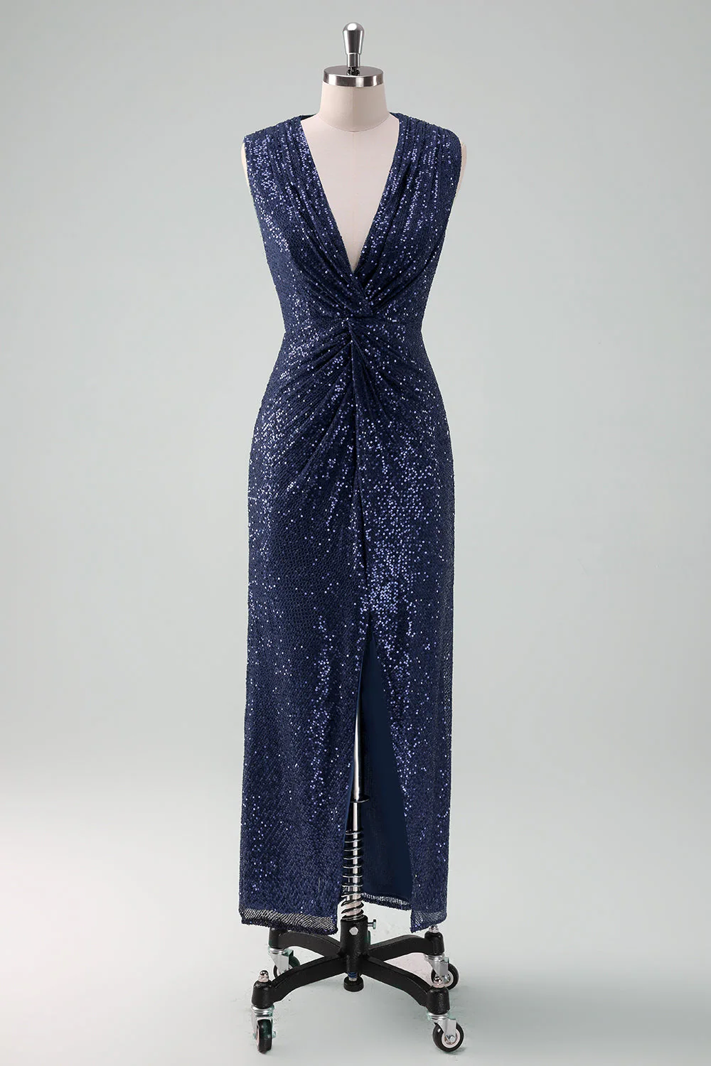 Sparkly Navy Sheath Sequins Ruched Choir Dress with Slit - Image 2
