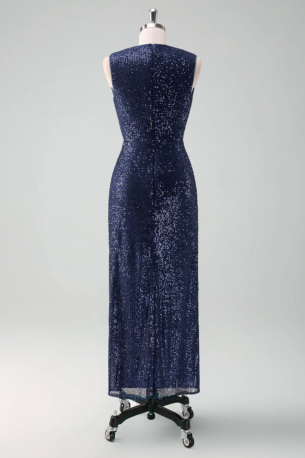 Sparkly Navy Sheath Sequins Ruched Choir Dress with Slit - Image 3