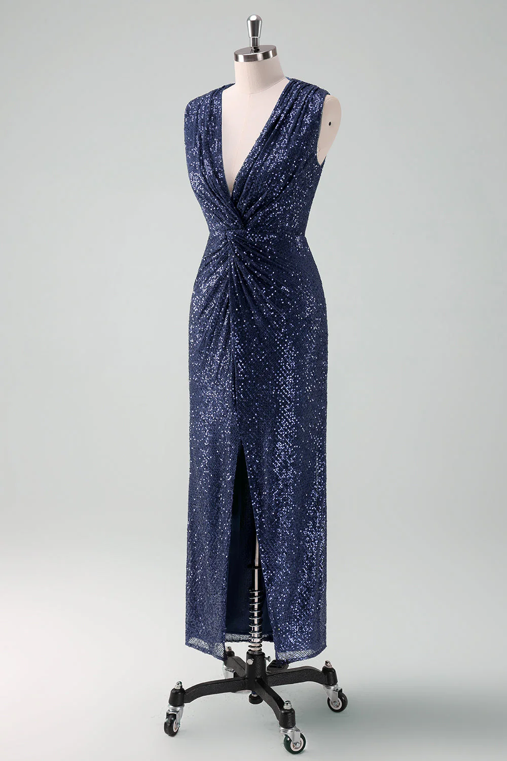 Sparkly Navy Sheath Sequins Ruched Choir Dress with Slit - Image 4
