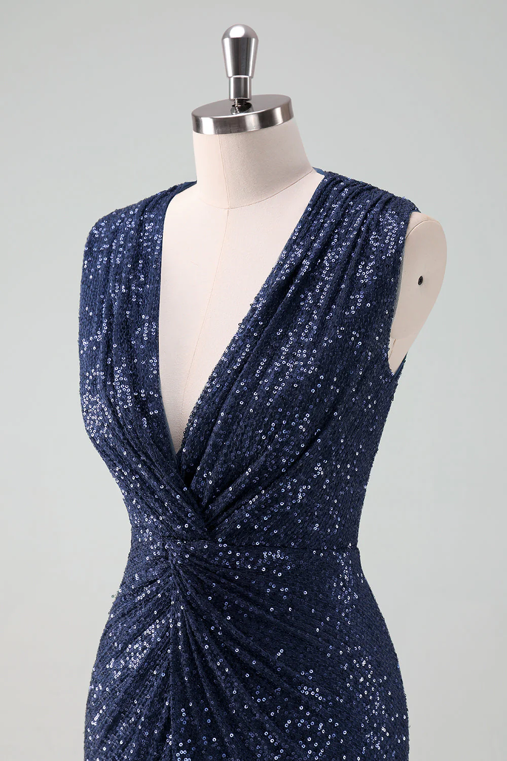 Sparkly Navy Sheath Sequins Ruched Choir Dress with Slit - Image 5