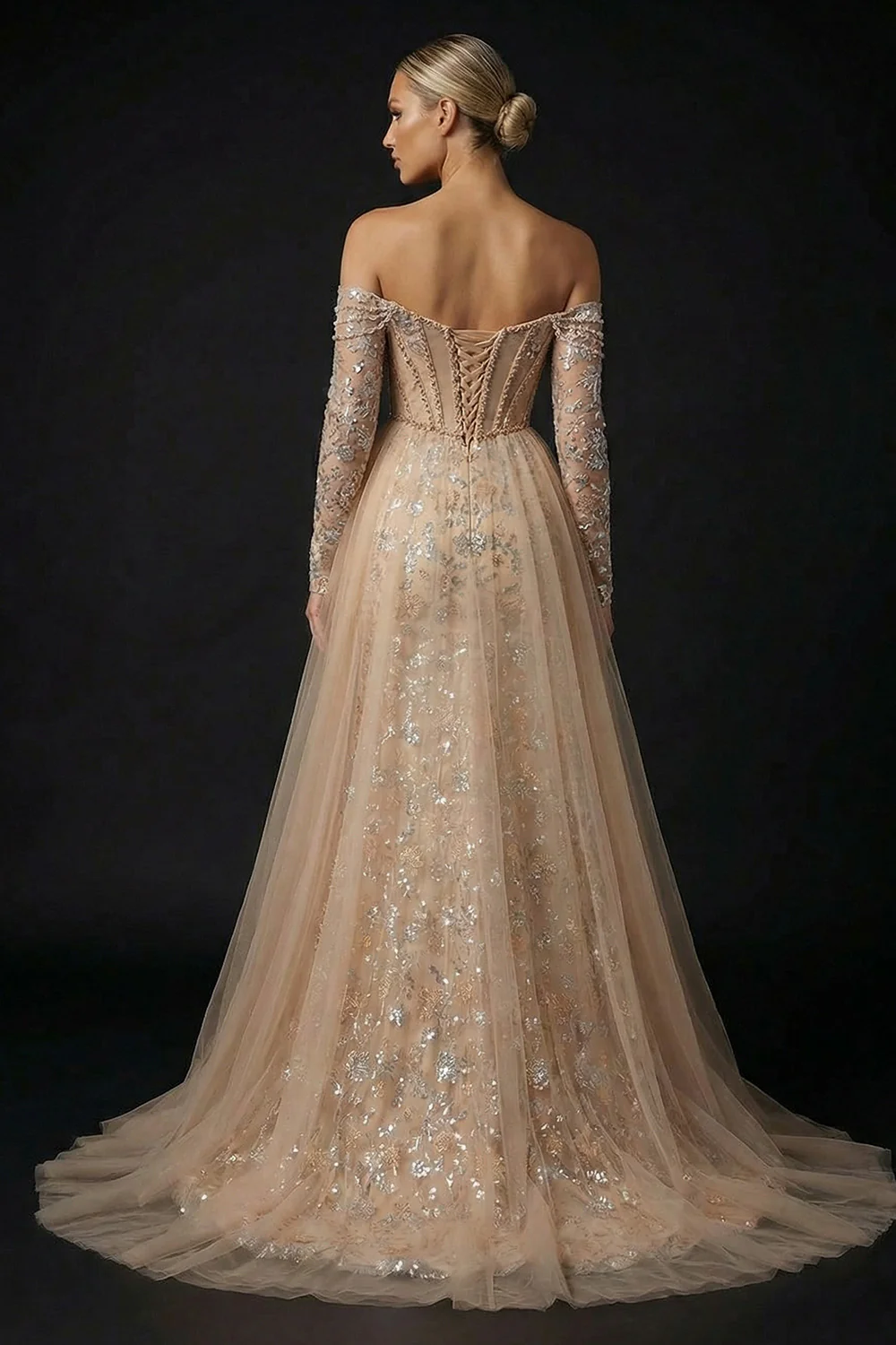 Sparkly Off The Shoulder Champagne Mermaid Sequin Evening Dress with Slit - Image 2