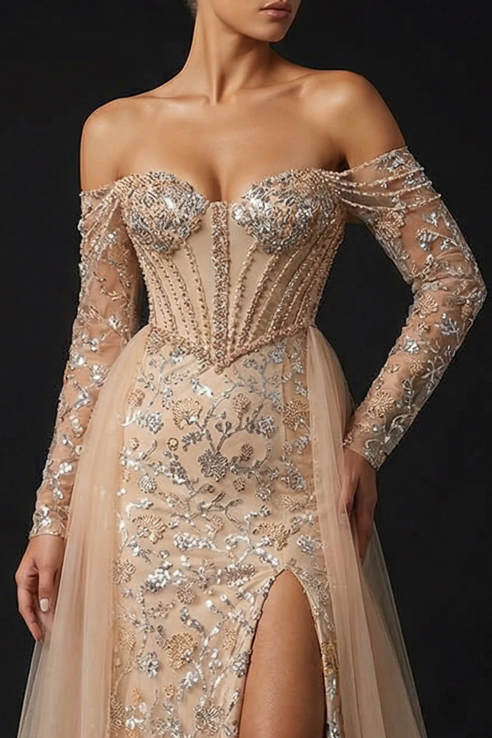 Sparkly Off The Shoulder Champagne Mermaid Sequin Evening Dress with Slit - Image 5