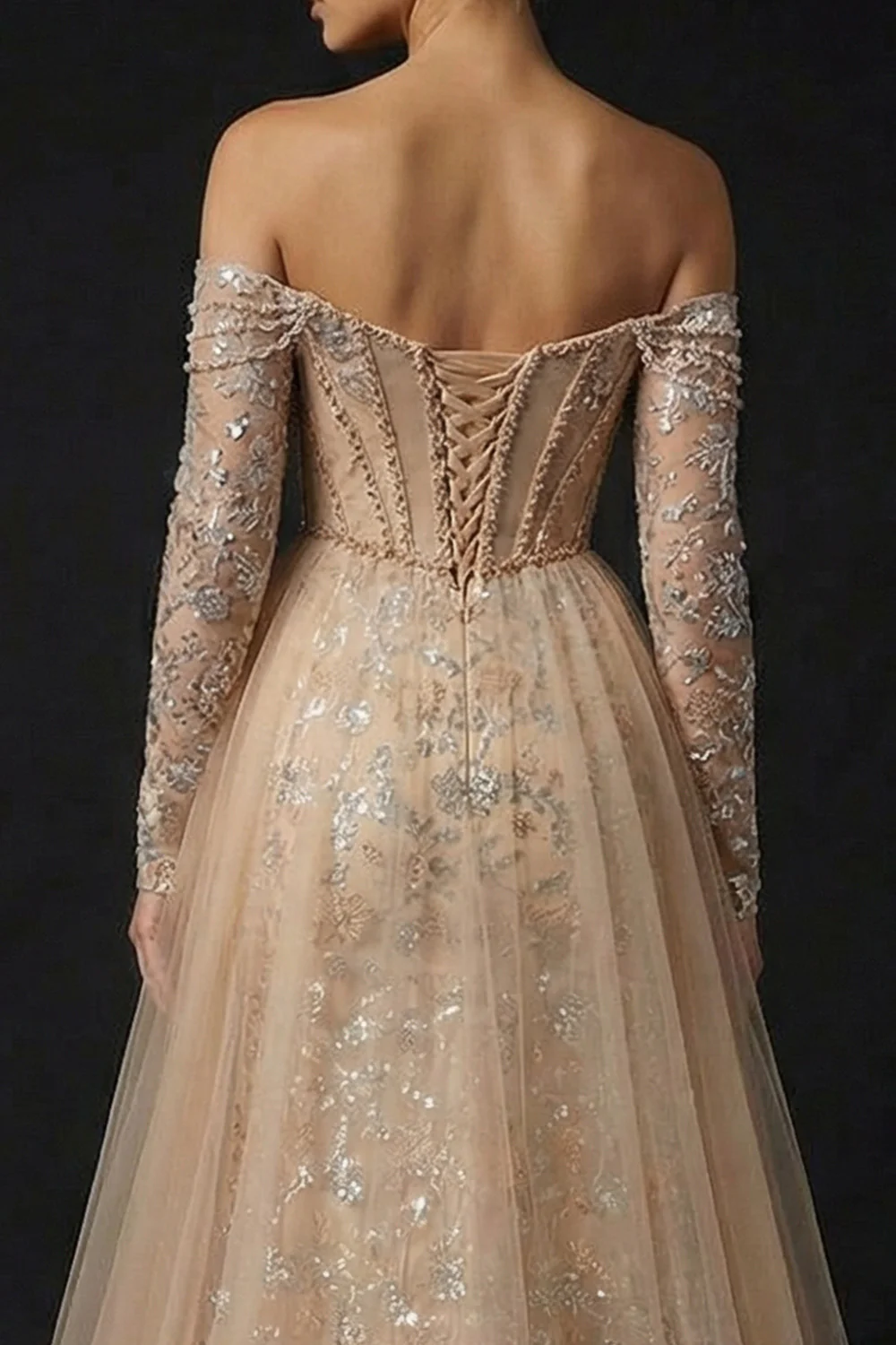 Sparkly Off The Shoulder Champagne Mermaid Sequin Evening Dress with Slit - Image 6