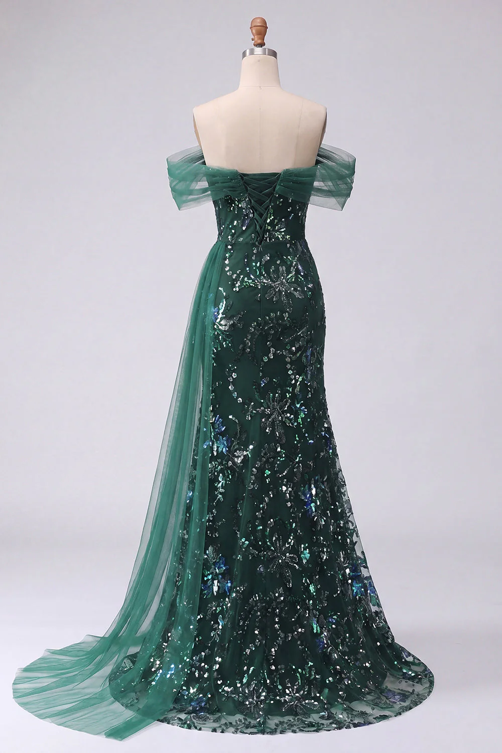 Dark Green Off the Shoulder Mermaid Sequin Long Prom Dress with Slit - Image 2