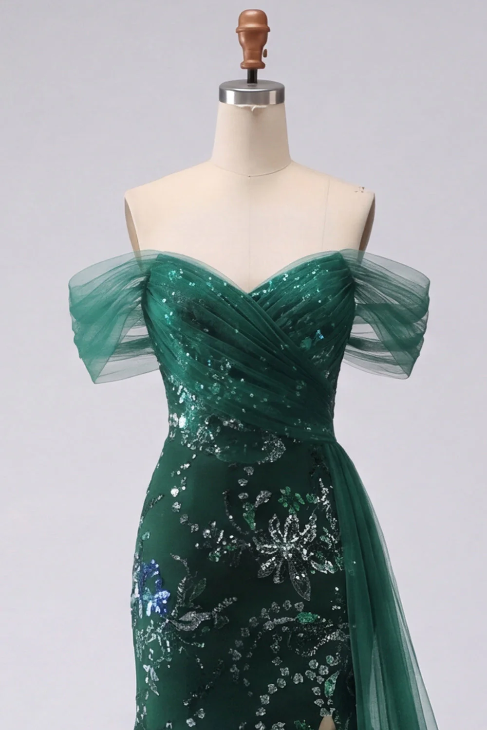 Dark Green Off the Shoulder Mermaid Sequin Long Prom Dress with Slit - Image 3