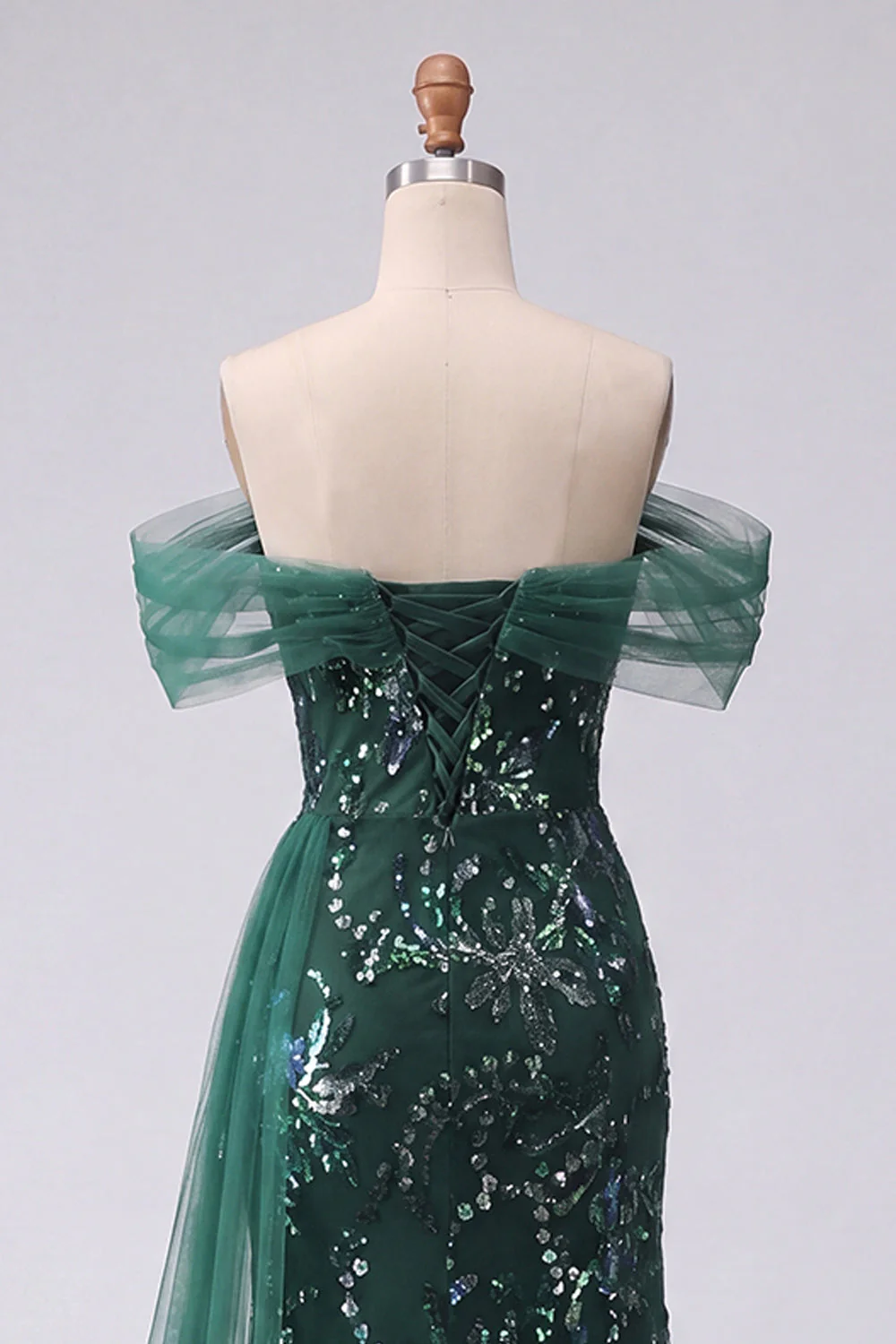 Dark Green Off the Shoulder Mermaid Sequin Long Prom Dress with Slit - Image 4