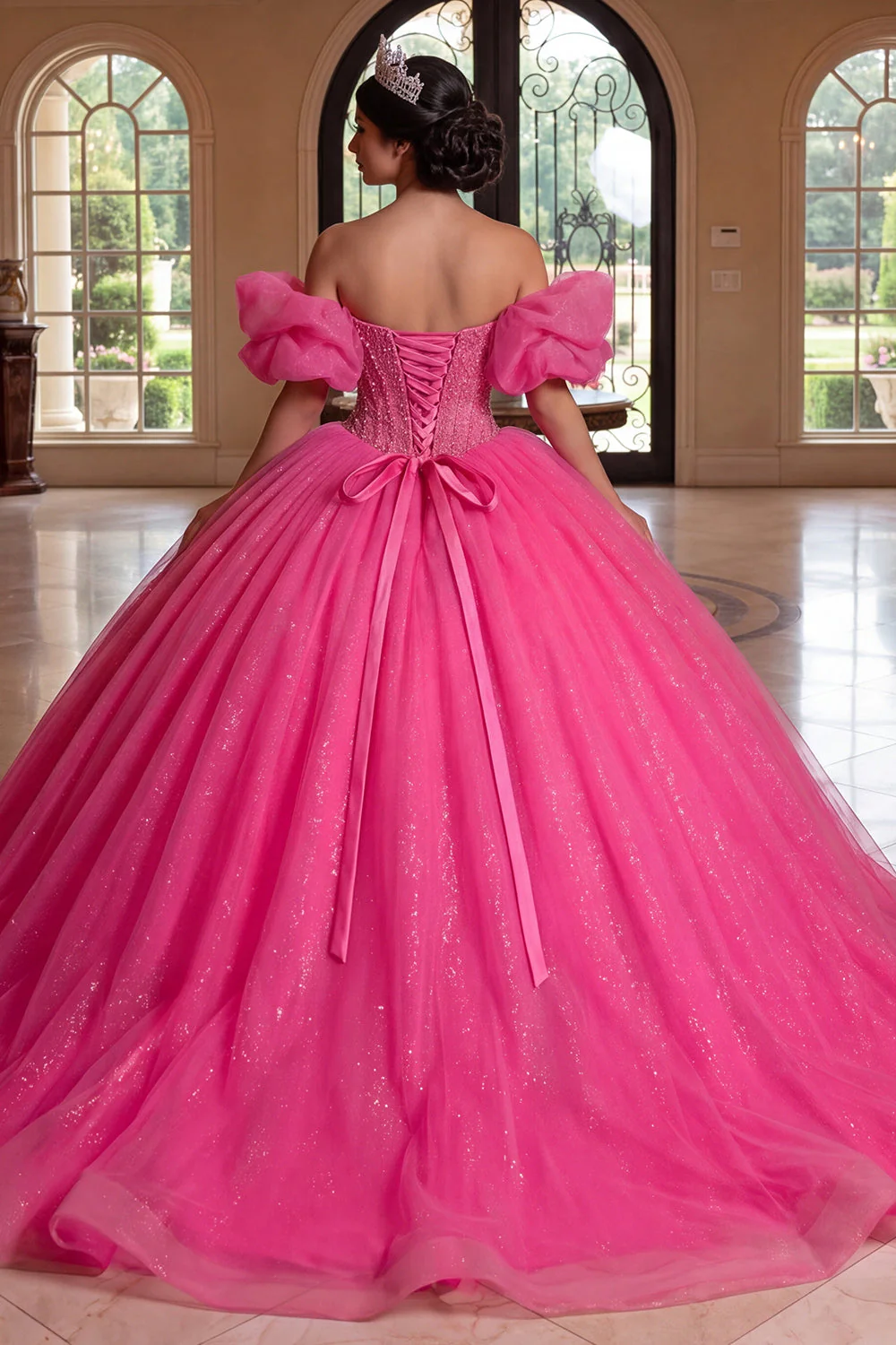 Sparkly Fuchsia Off The Shoulder Corset Ball Gown Quinceanera Dress - Image 2