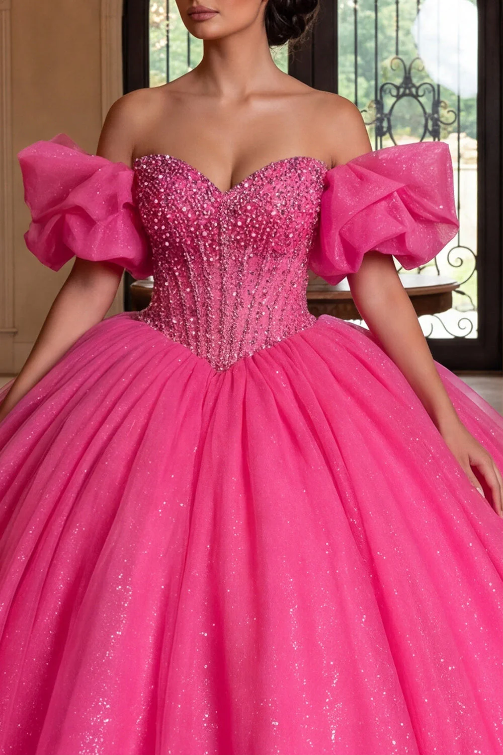 Sparkly Fuchsia Off The Shoulder Corset Ball Gown Quinceanera Dress - Image 3