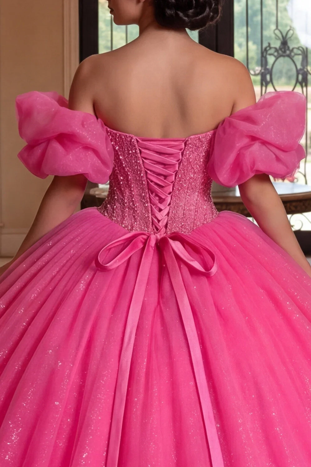 Sparkly Fuchsia Off The Shoulder Corset Ball Gown Quinceanera Dress - Image 4