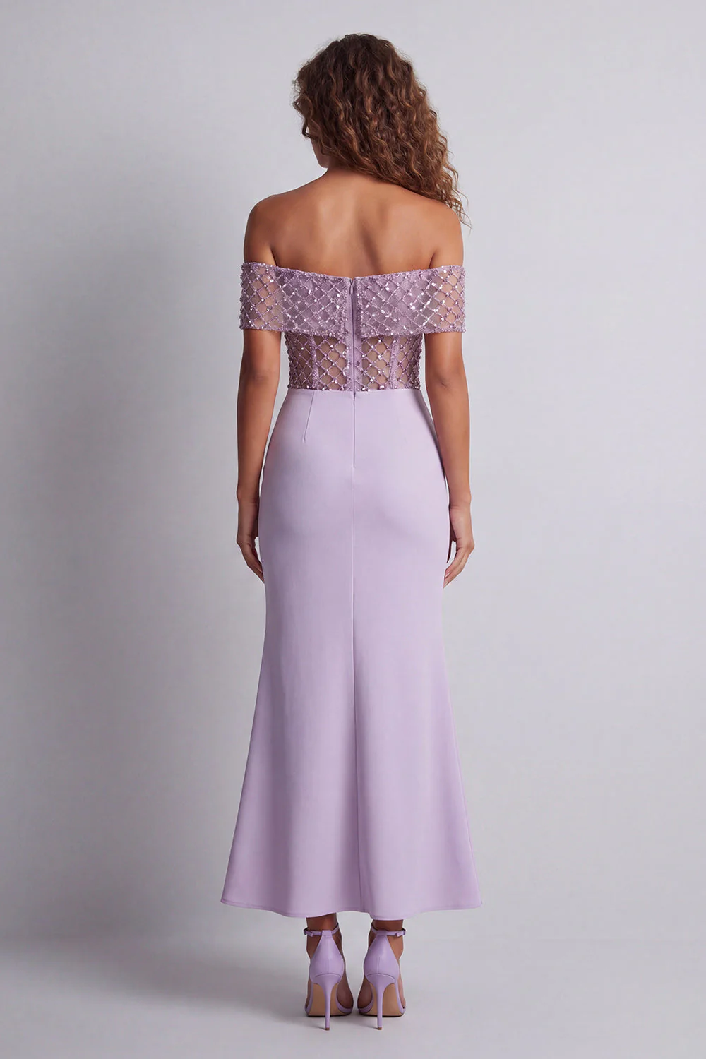 Off The Shoulder Light Purple Mermaid Sheer Maxi Dress with Sequins - Image 2