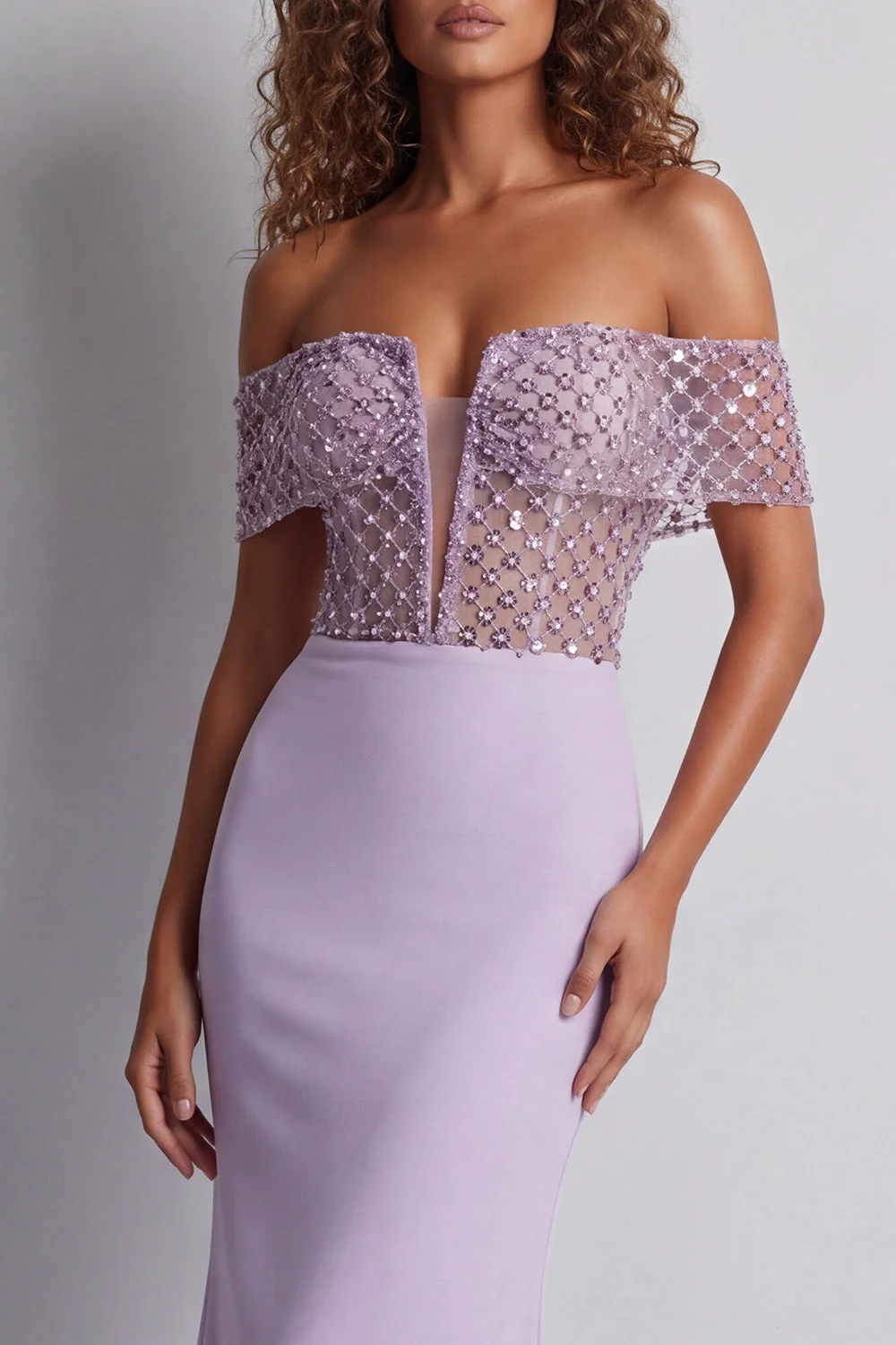 Off The Shoulder Light Purple Mermaid Sheer Maxi Dress with Sequins - Image 3