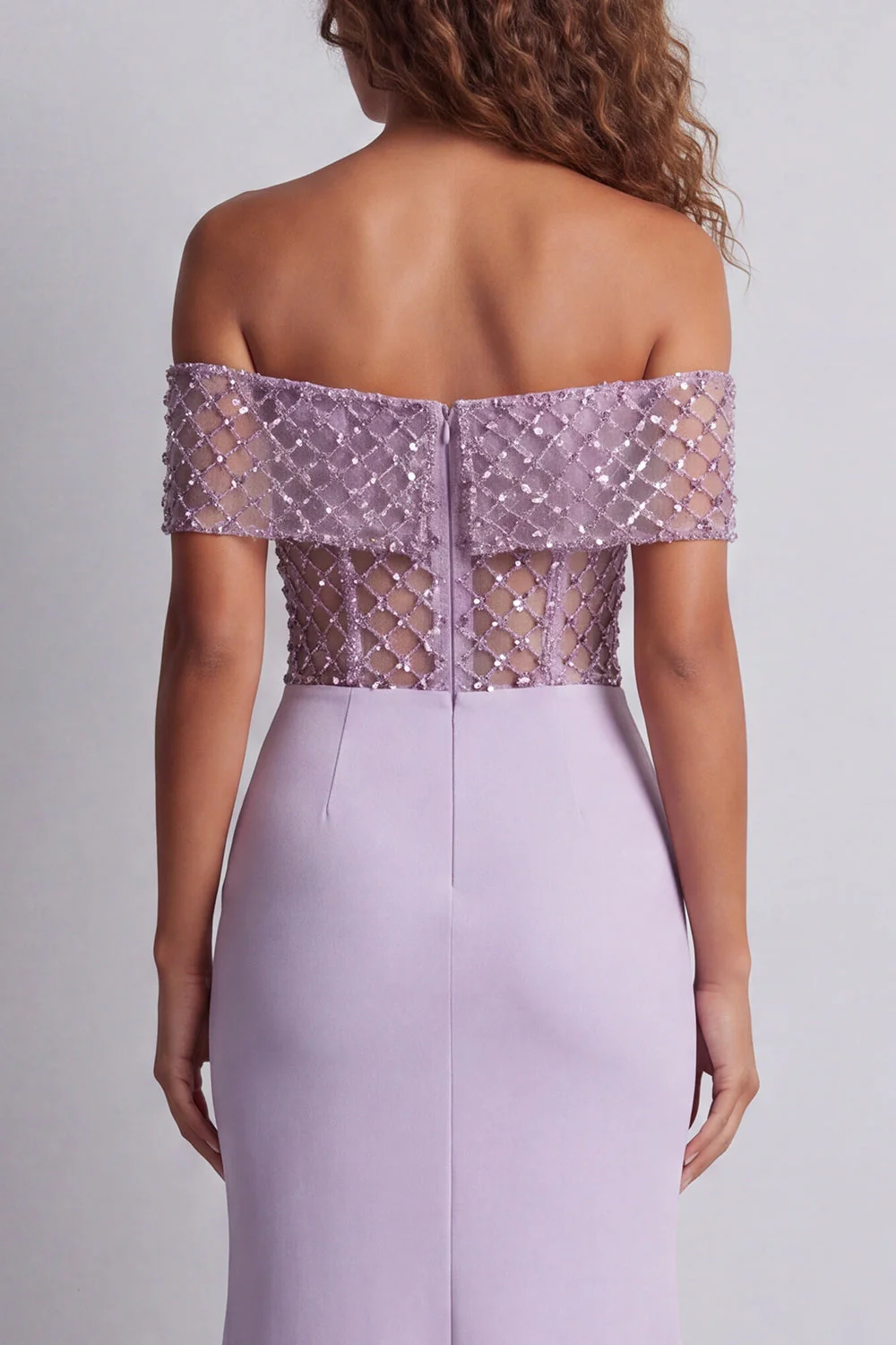 Off The Shoulder Light Purple Mermaid Sheer Maxi Dress with Sequins - Image 4