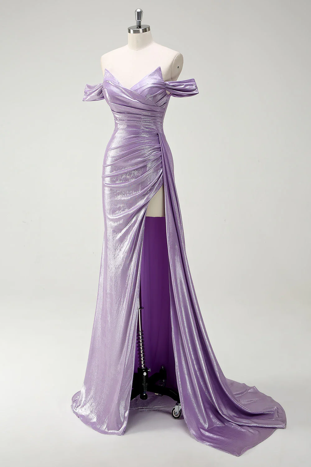 Glitter Off The Shoulder Lilac Ruched Side Cape Prom Dress with Slit - Image 3
