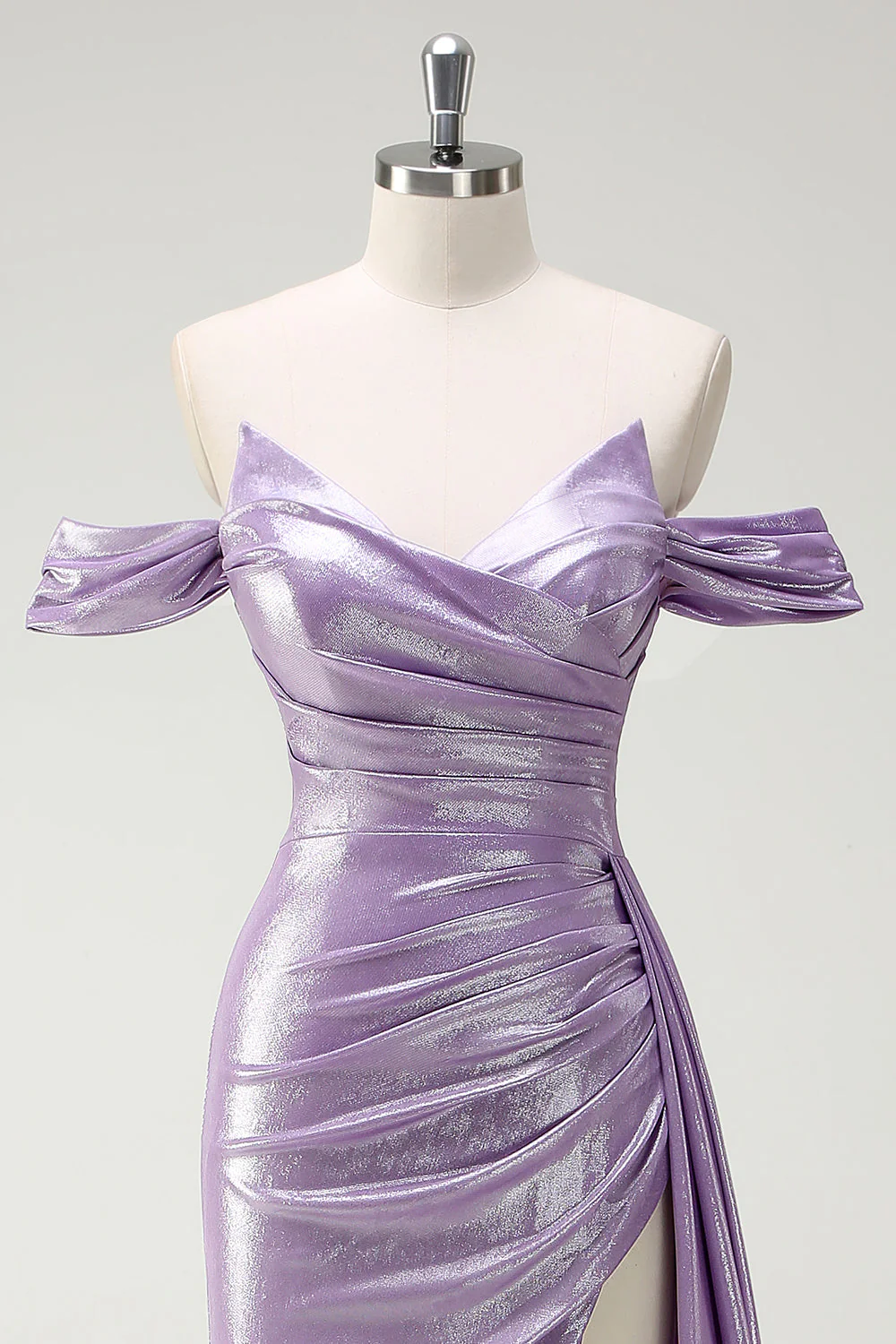 Glitter Off The Shoulder Lilac Ruched Side Cape Prom Dress with Slit - Image 4