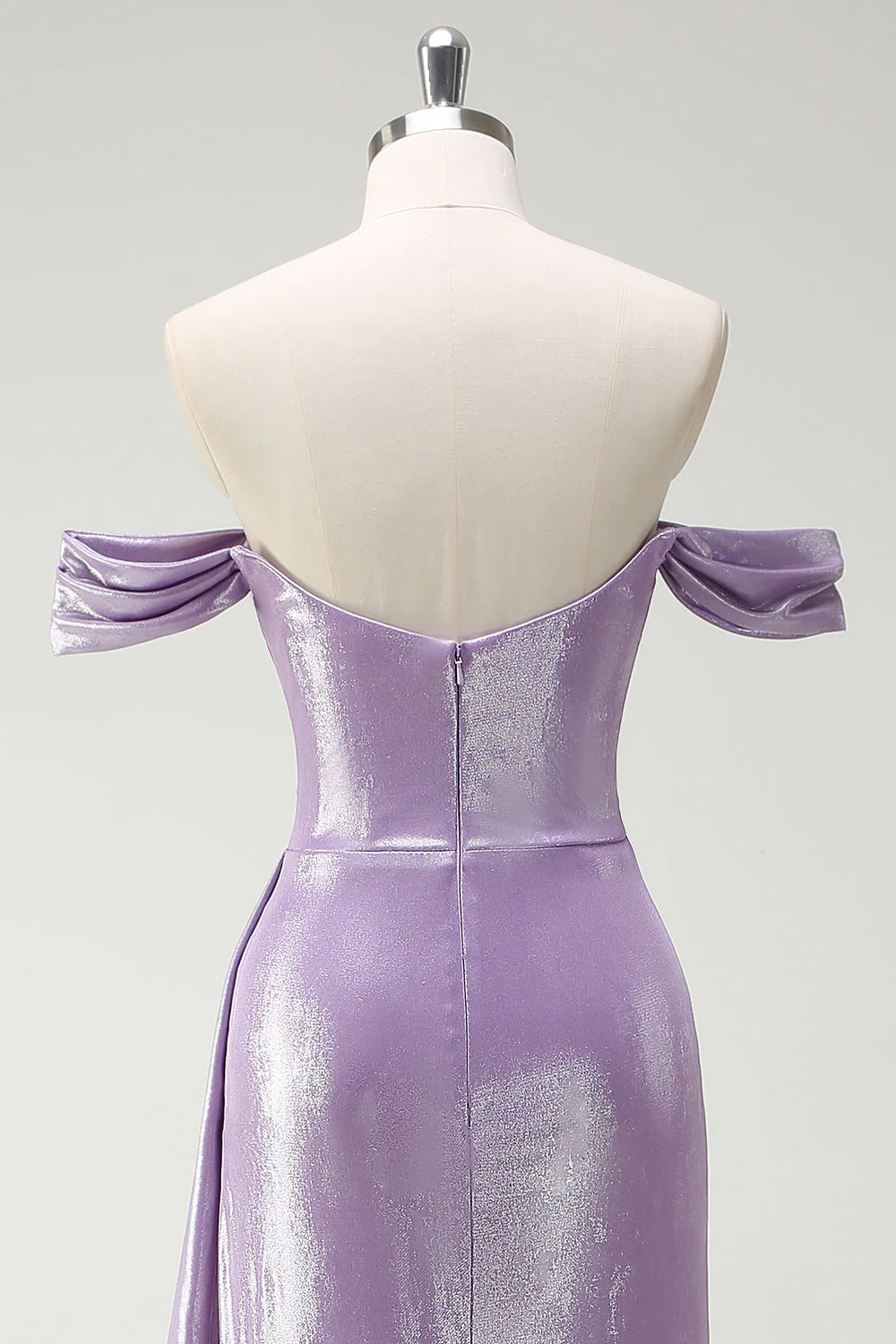 Glitter Off The Shoulder Lilac Ruched Side Cape Prom Dress with Slit - Image 5