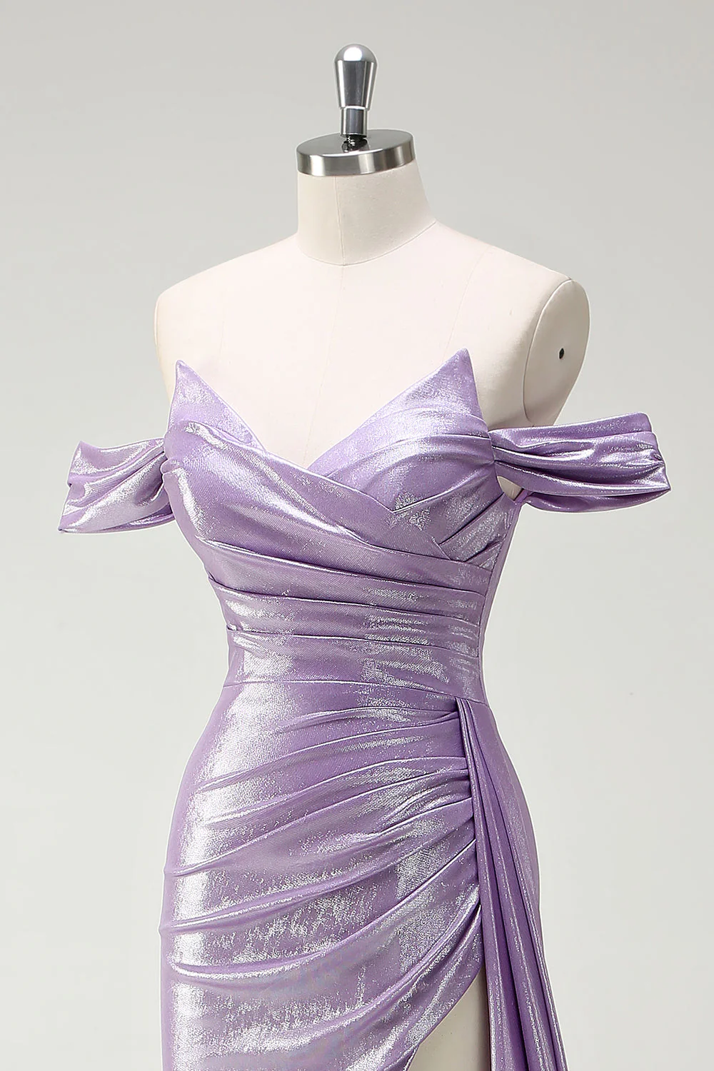 Glitter Off The Shoulder Lilac Ruched Side Cape Prom Dress with Slit - Image 6