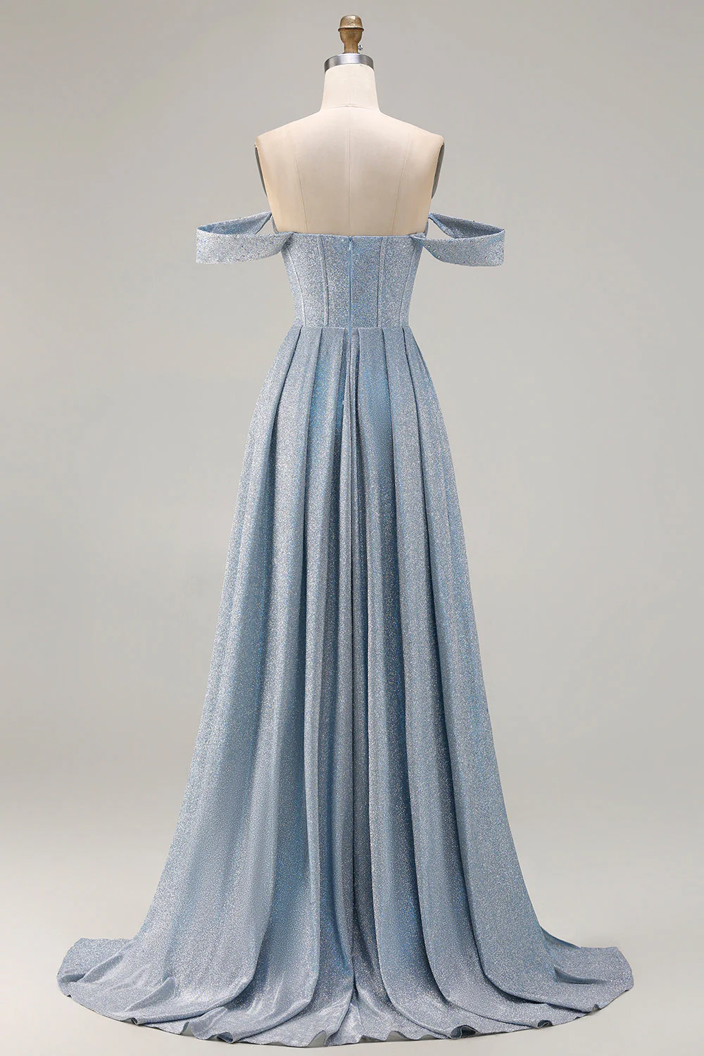 Sparkly Off The Shoulder Mermaid Corset Dusty Blue Satin Long Prom Dress with Slit - Image 2