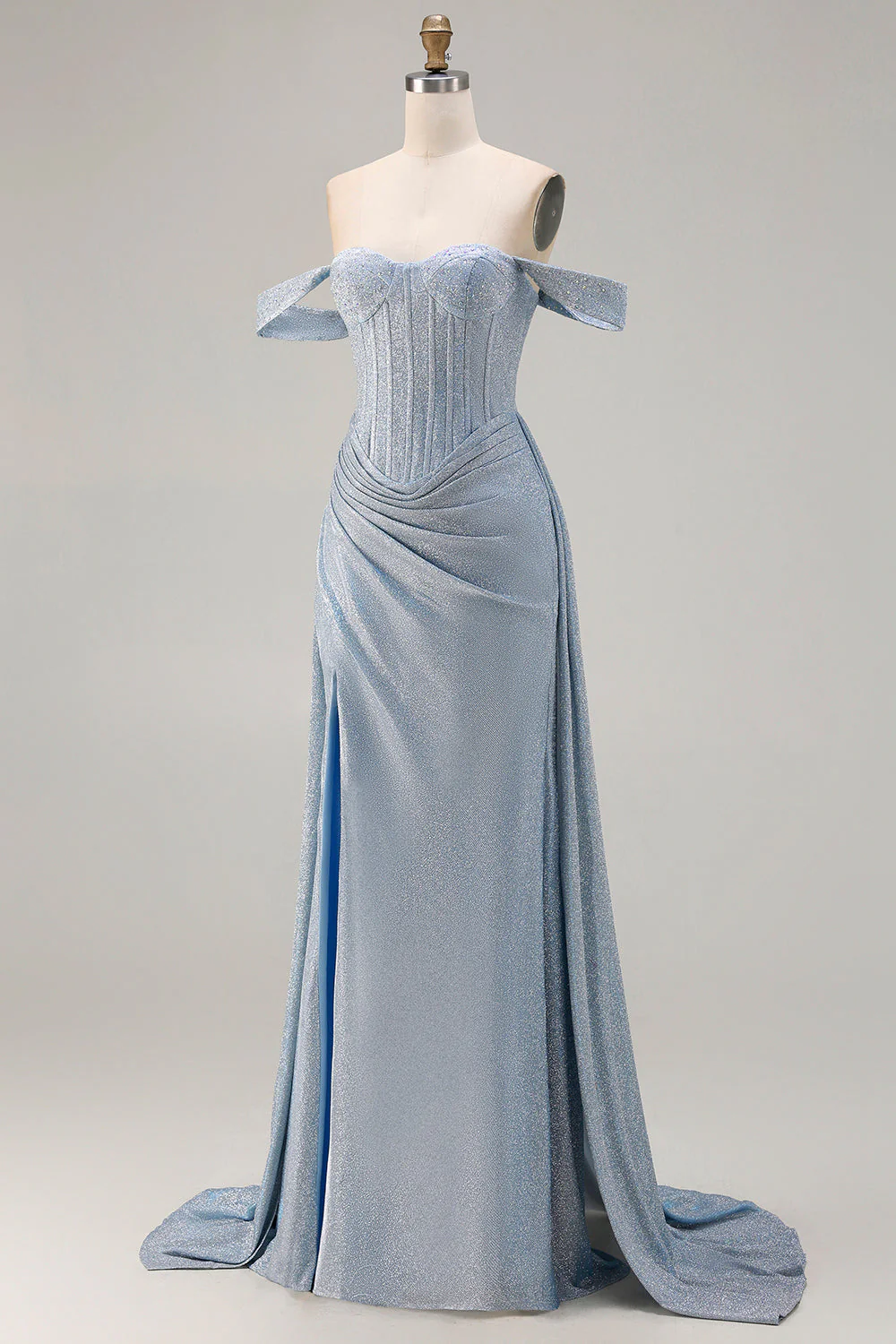 Sparkly Off The Shoulder Mermaid Corset Dusty Blue Satin Long Prom Dress with Slit - Image 3