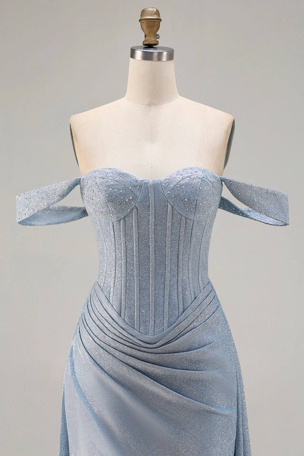 Sparkly Off The Shoulder Mermaid Corset Dusty Blue Satin Long Prom Dress with Slit - Image 4