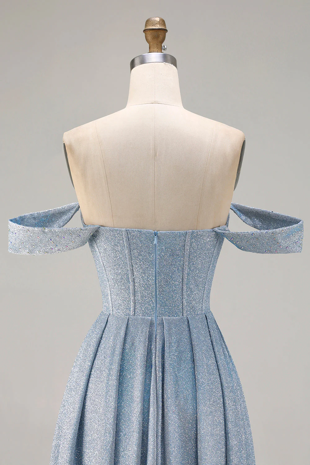 Sparkly Off The Shoulder Mermaid Corset Dusty Blue Satin Long Prom Dress with Slit - Image 5