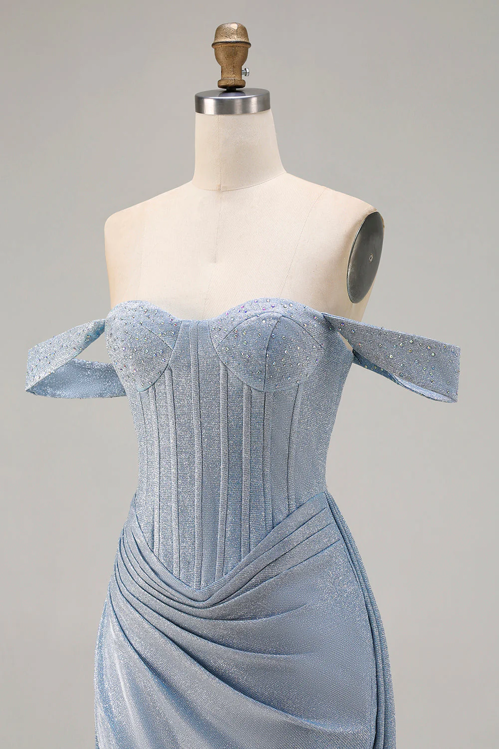 Sparkly Off The Shoulder Mermaid Corset Dusty Blue Satin Long Prom Dress with Slit - Image 6