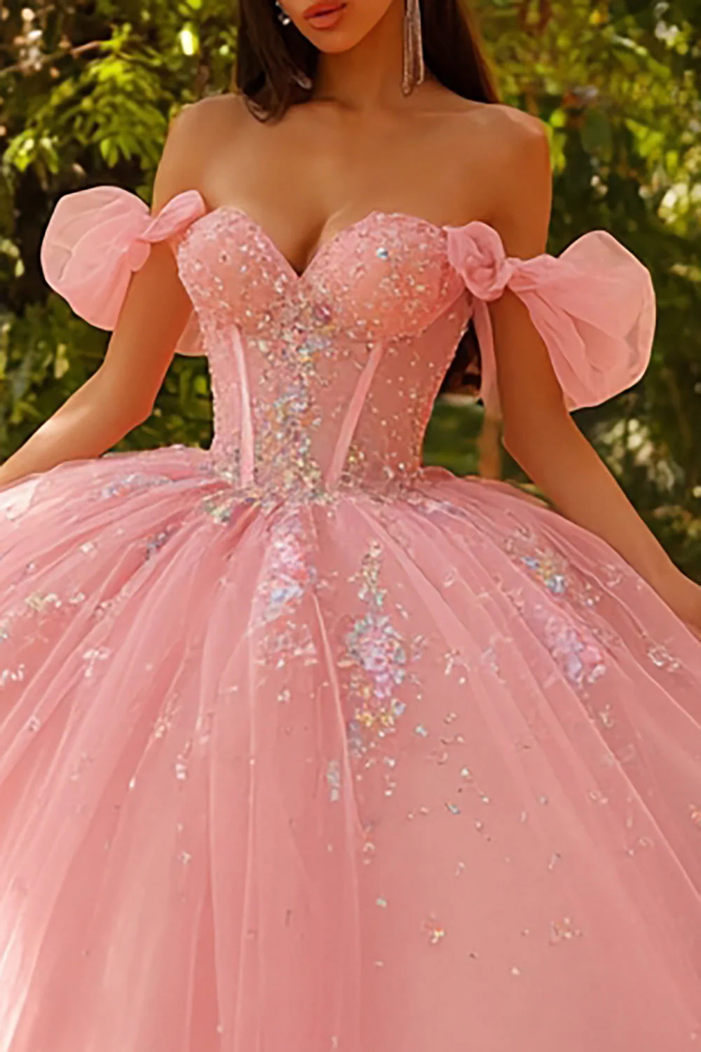 Sparkly Off The Shoulder Pink Ball-Gown Quinceanera Dress - Image 2