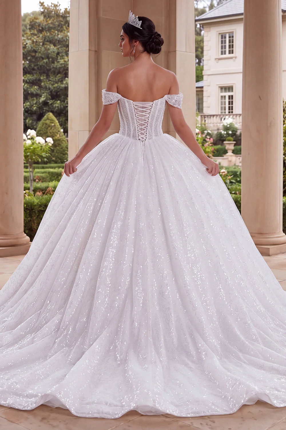 Sparkly White Off The Shoulder Corset Ball Gown Quinceanera Dress - Image 2