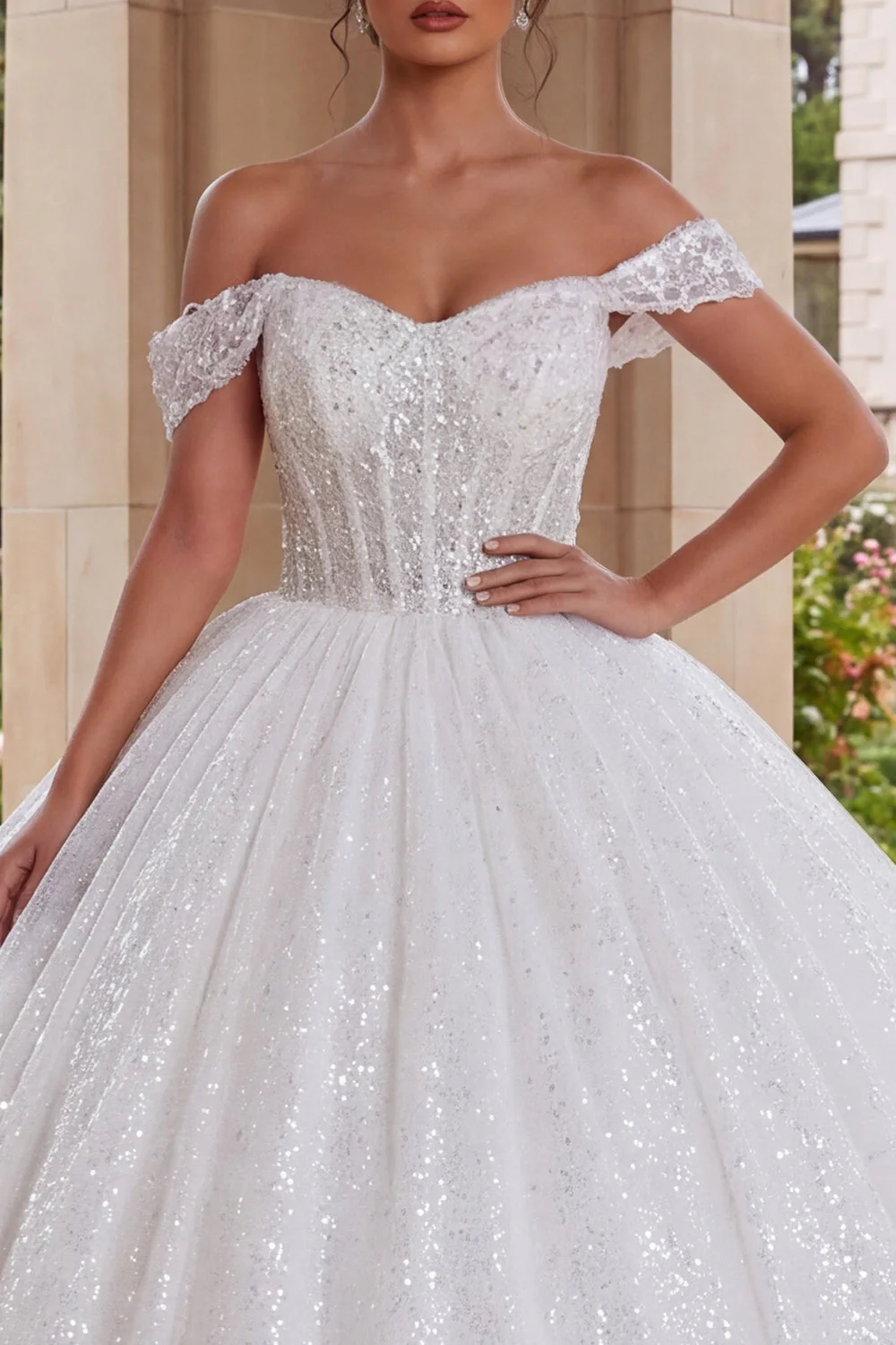Sparkly White Off The Shoulder Corset Ball Gown Quinceanera Dress - Image 3