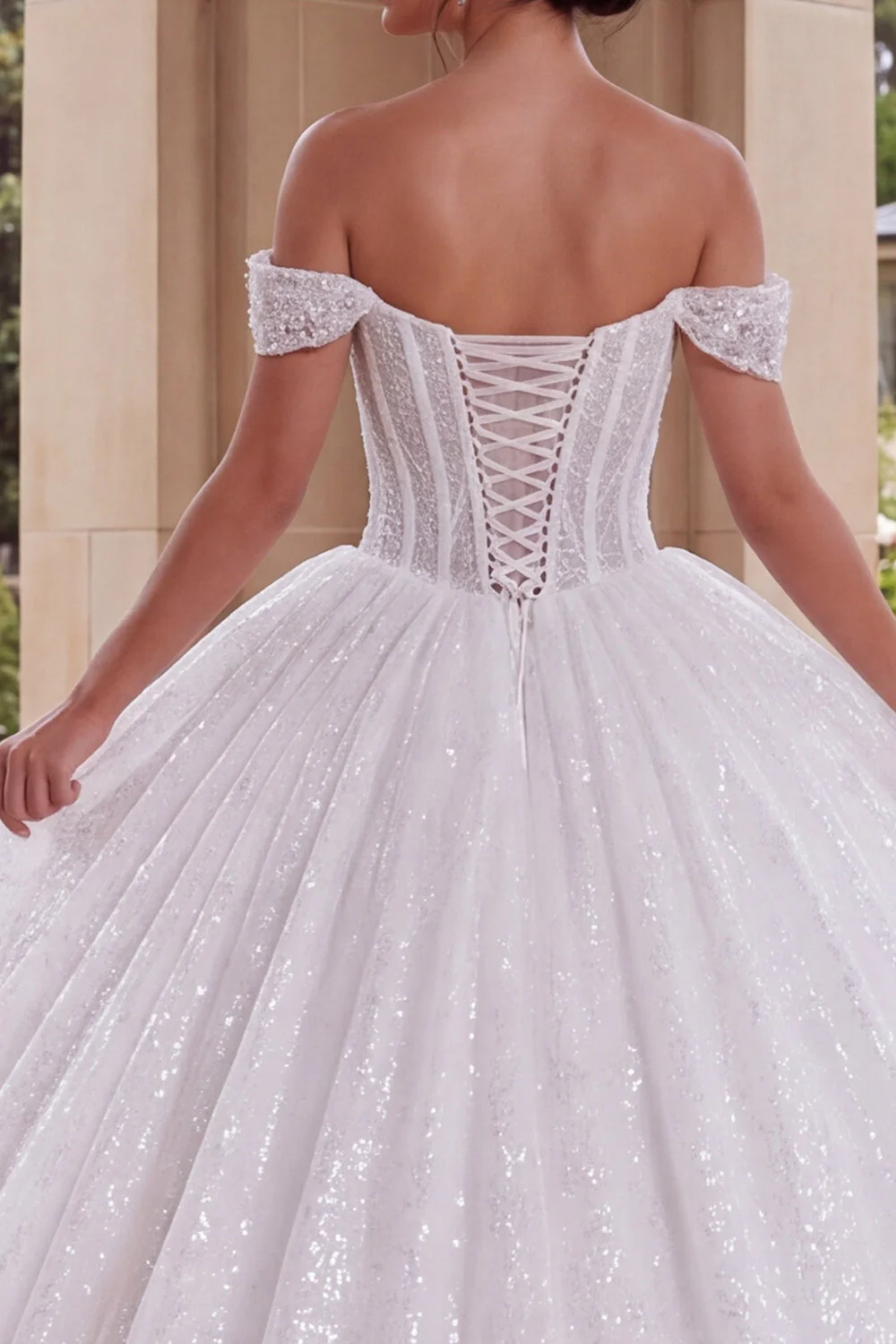 Sparkly White Off The Shoulder Corset Ball Gown Quinceanera Dress - Image 4