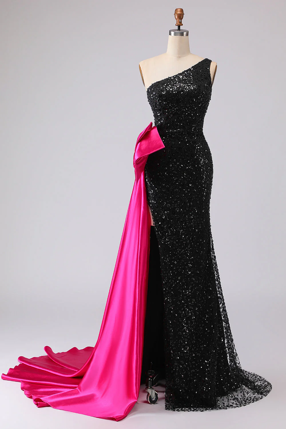 Sparkly One Shoulder Black Mermaid Sequin Long Prom Dress with Bow - Image 2