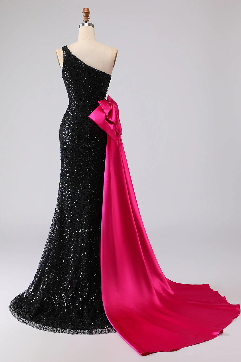 Sparkly One Shoulder Black Mermaid Sequin Long Prom Dress with Bow - Image 3
