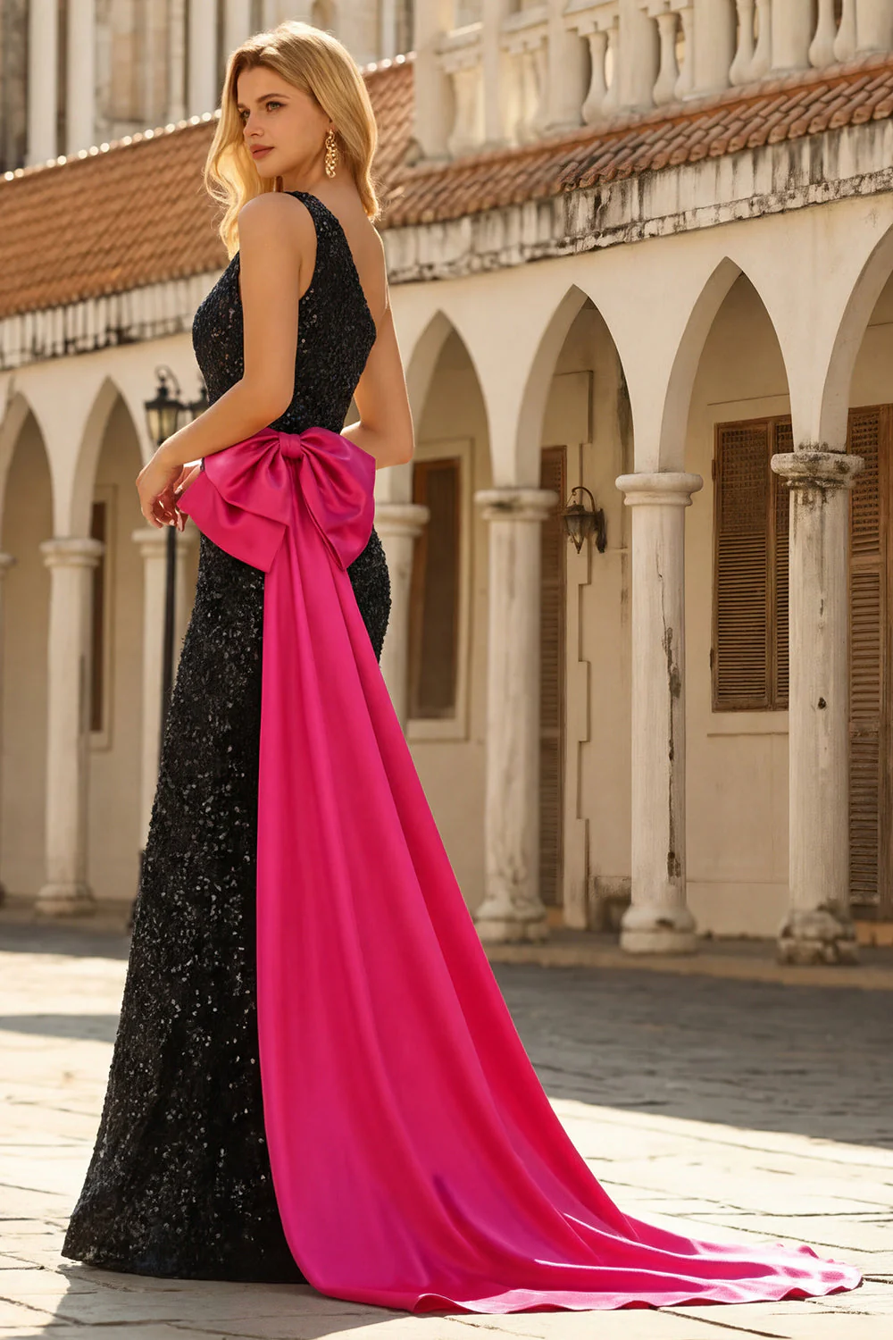 Sparkly One Shoulder Black Mermaid Sequin Long Prom Dress with Bow - Image 5