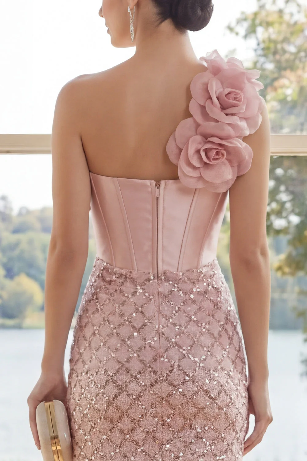 One Shoulder Blush Sequins Bodycon Mini Dress with 3D Flower - Image 4