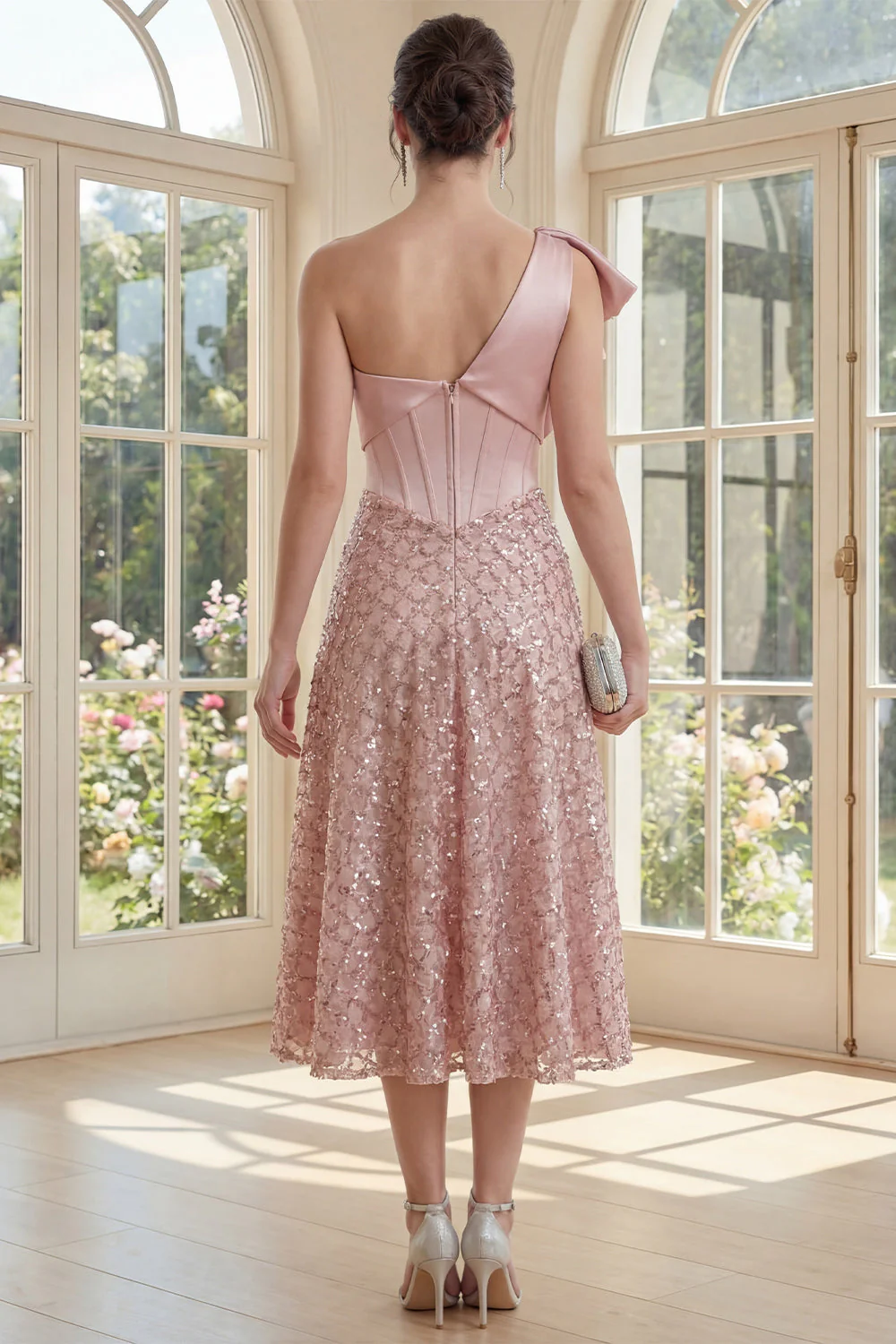 Sparkly Blush One Shoulder Ruched A Line Midi Dress with Sequins - Image 2