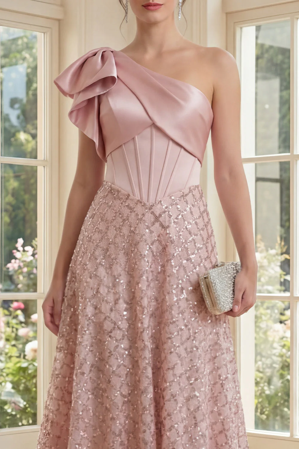 Sparkly Blush One Shoulder Ruched A Line Midi Dress with Sequins - Image 3