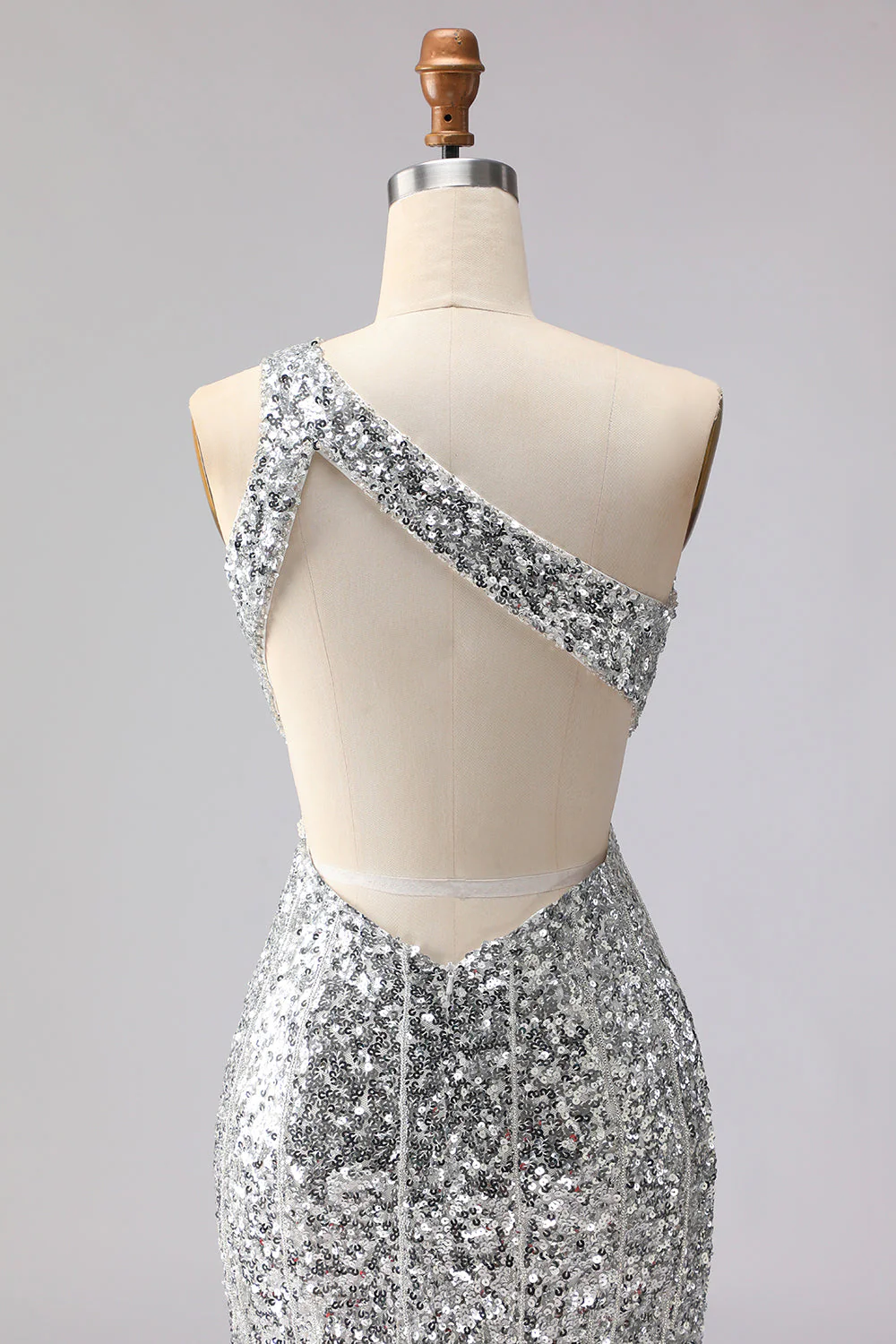 Sparkly One Shoulder Cut Out Mermaid Golden Sequin Long Prom Dress with Slit - Image 11