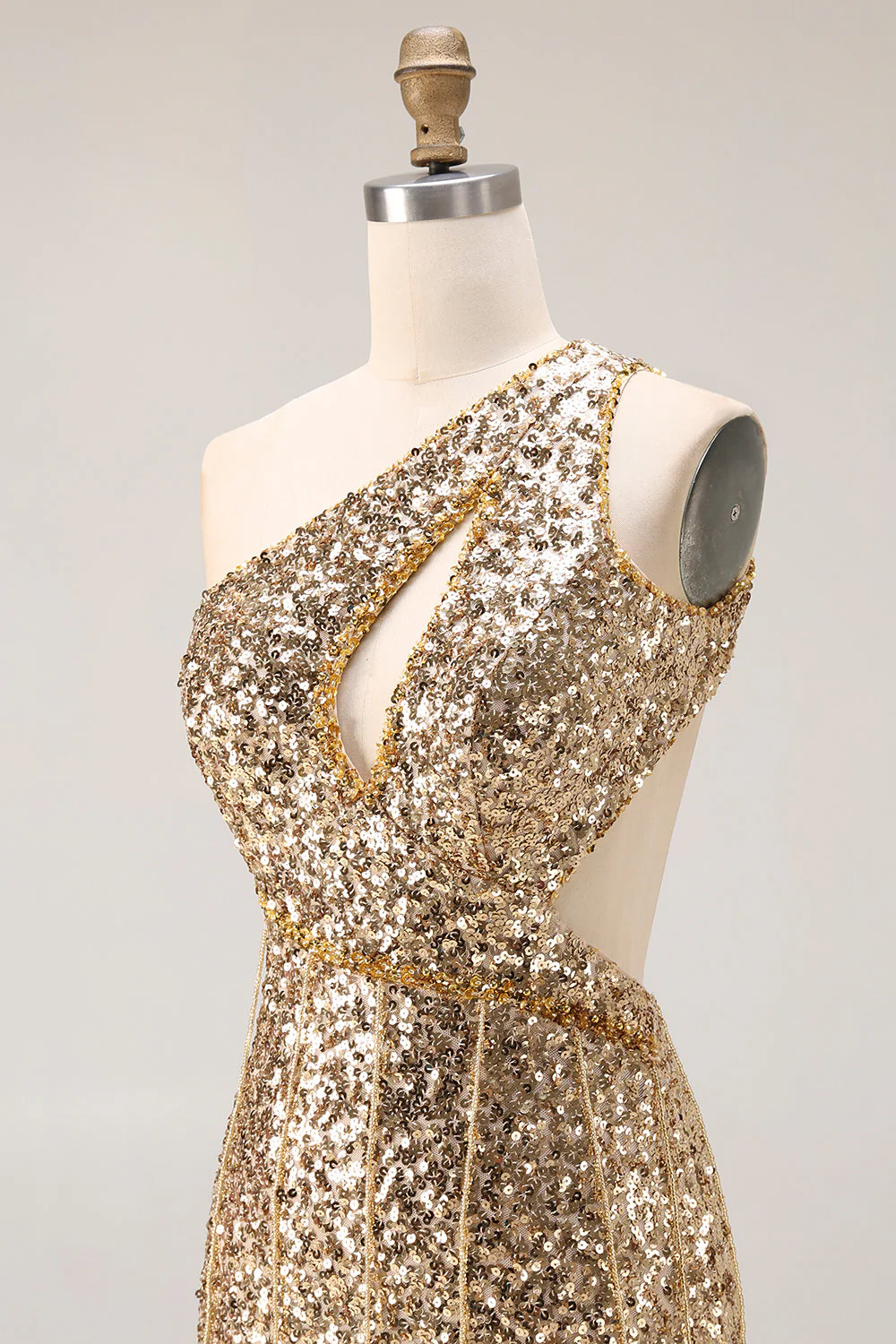Sparkly One Shoulder Cut Out Mermaid Golden Sequin Long Prom Dress with Slit - Image 6