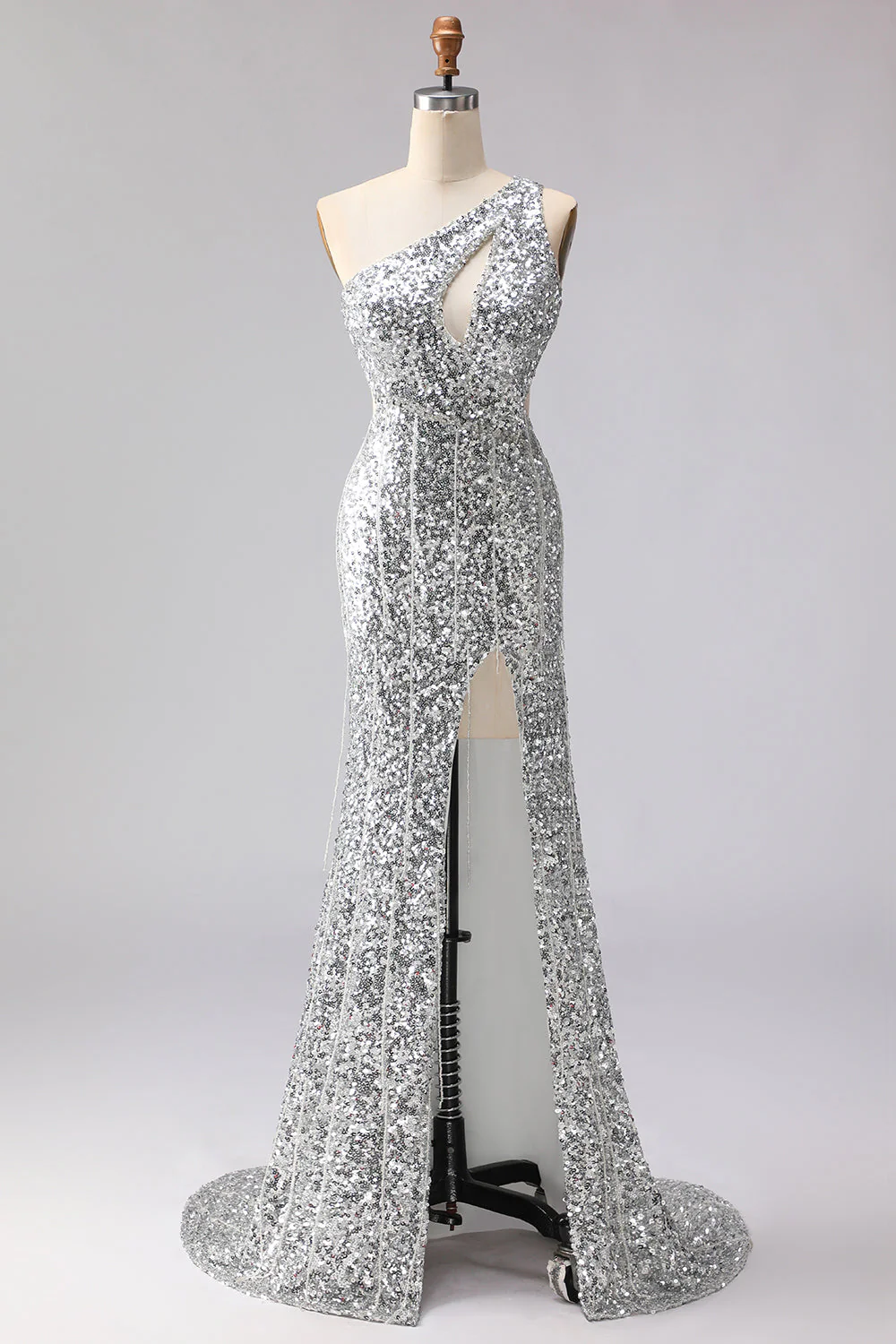 Sparkly One Shoulder Cut Out Mermaid Golden Sequin Long Prom Dress with Slit - Image 7