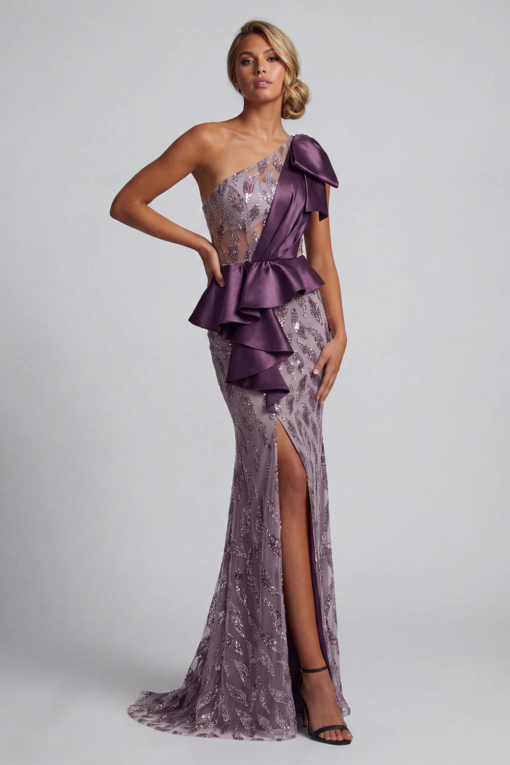 Sparkly One Shoulder Purple Mermaid Sequin Mother of the Bride Dress with Slit - Image 3
