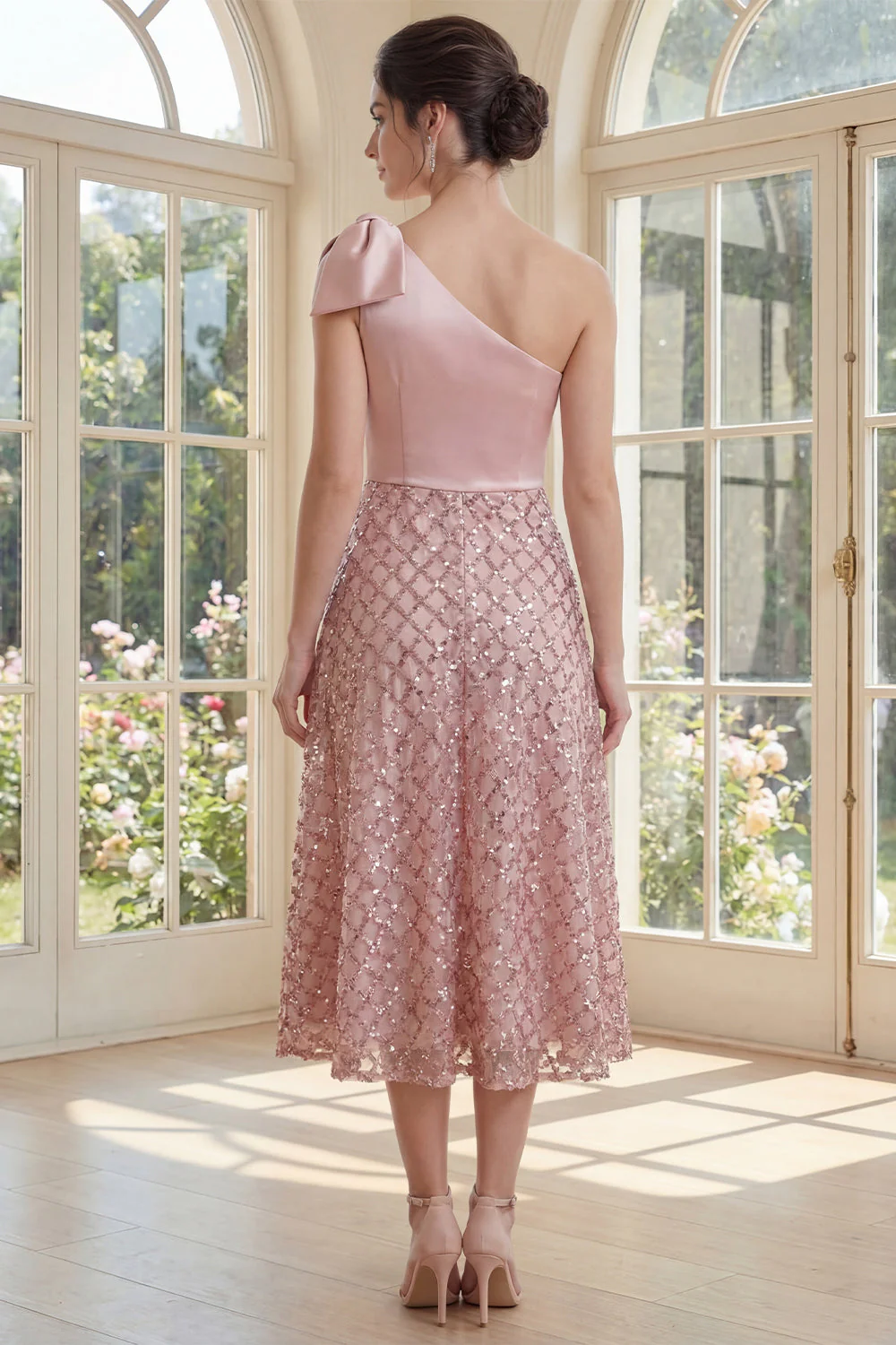 Sparkly Blush One Shoulder Sequin A Line Midi Dress with Bow - Image 2