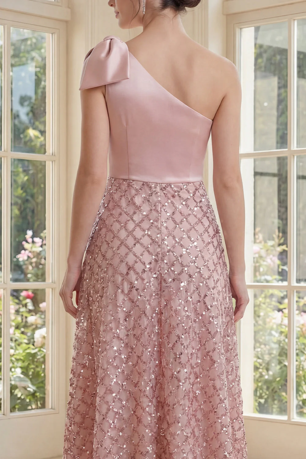 Sparkly Blush One Shoulder Sequin A Line Midi Dress with Bow - Image 4