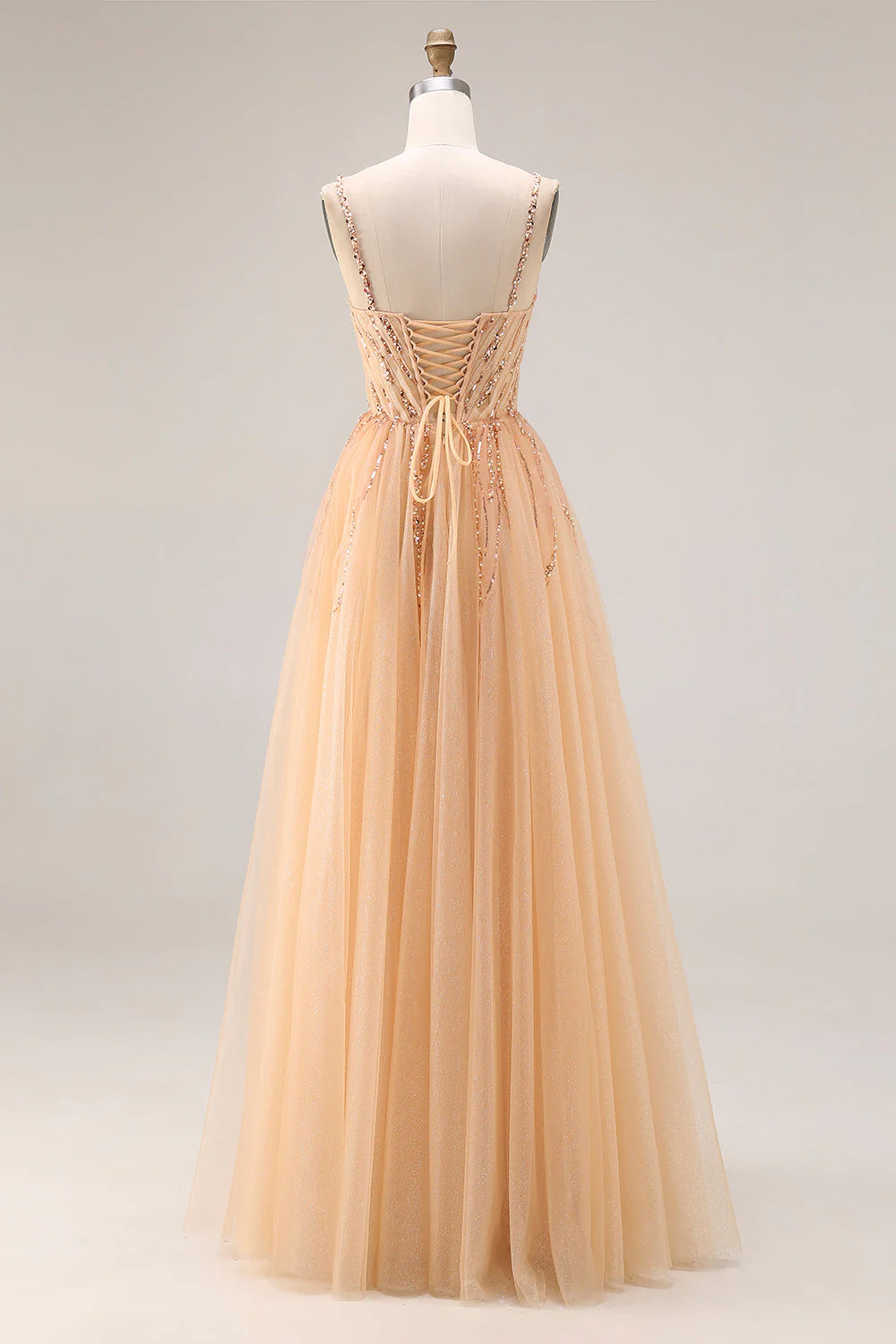 Sparkly Peach A-Line Long Tulle Prom Dress with Lace Up Back - Image 2
