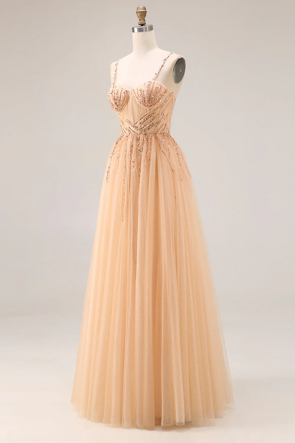Sparkly Peach A-Line Long Tulle Prom Dress with Lace Up Back - Image 3