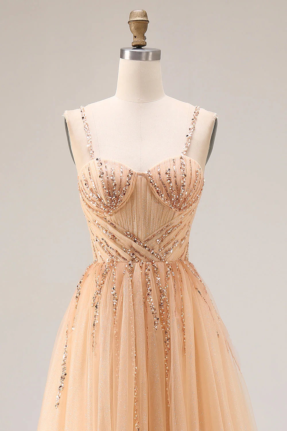 Sparkly Peach A-Line Long Tulle Prom Dress with Lace Up Back - Image 4