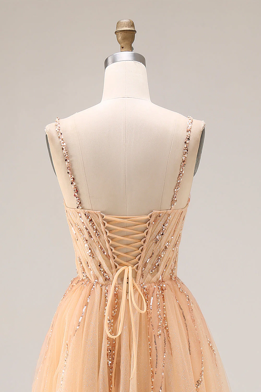 Sparkly Peach A-Line Long Tulle Prom Dress with Lace Up Back - Image 5