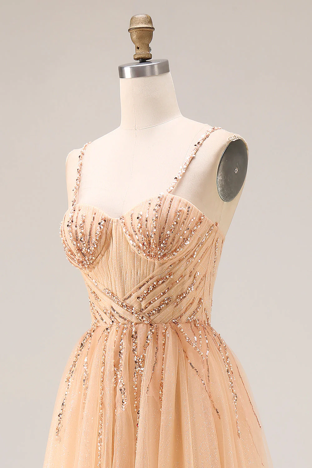 Sparkly Peach A-Line Long Tulle Prom Dress with Lace Up Back - Image 6